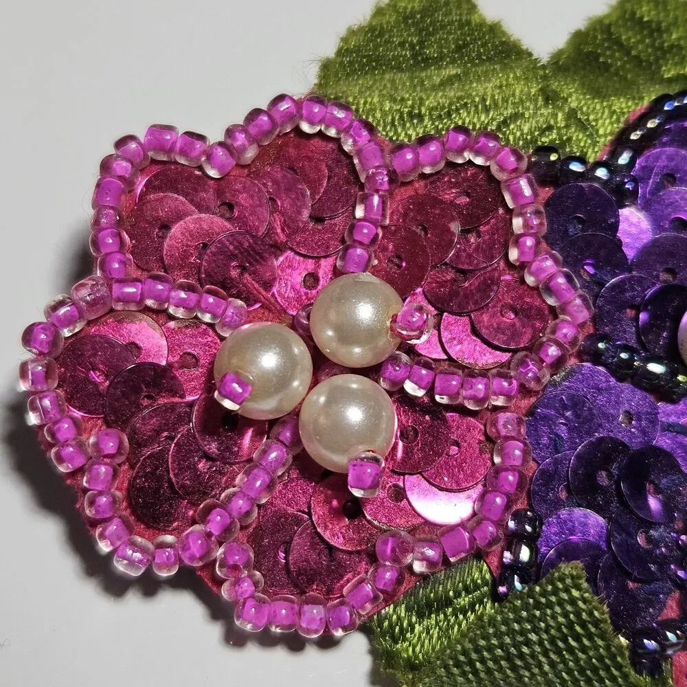 Avon Vintage Purple Pink Sequin Flower Faux Pearl Brooch Pin